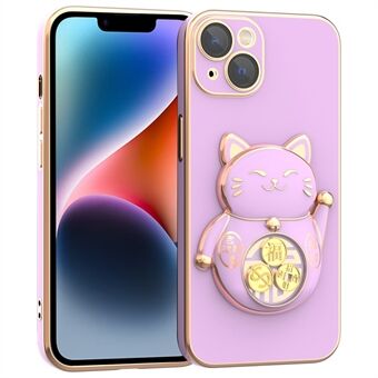 For iPhone 14 Plus galvanisering Lucky Fortune Cat-telefonveske Fallbeskyttelse TPU+PC-støttedeksel med kameralinsebeskytter