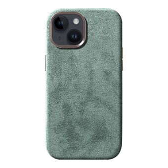 For iPhone 14 Plus Scratch ryggskall Alcantara semsket skinnbelagt PC-telefondeksel med metallknapp