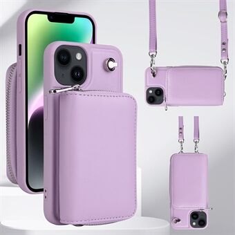 For iPhone 14 Plus avtakbar glidelåskortholder Telefonveske Lær+TPU Crossbody telefonveske