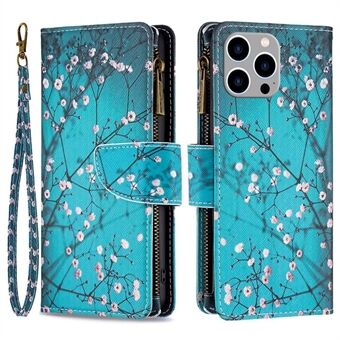 BF Pattern Printing Leather Series-4 Zipper Pocket Case for iPhone 14 Pro Max 6,7 tommer, 03 Style sammenleggbart Stand PU-skinnlommebok Magnetlukking Telefondeksel