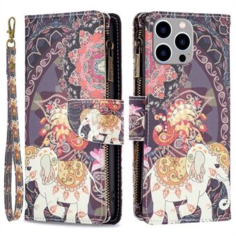 BF Pattern Printing Leather Series-4 Zipper Pocket Case for iPhone 14 Pro Max 6,7 tommer, 03 Style sammenleggbart Stand PU-skinnlommebok Magnetlukking Telefondeksel