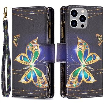 BF Pattern Printing Leather Series-4 Zipper Pocket Case for iPhone 14 Pro Max 6,7 tommer, 03 Style sammenleggbart Stand PU-skinnlommebok Magnetlukking Telefondeksel