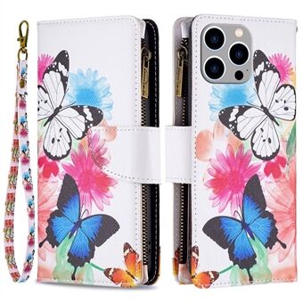 BF Pattern Printing Leather Series-4 Zipper Pocket Case for iPhone 14 Pro Max 6,7 tommer, 03 Style sammenleggbart Stand PU-skinnlommebok Magnetlukking Telefondeksel