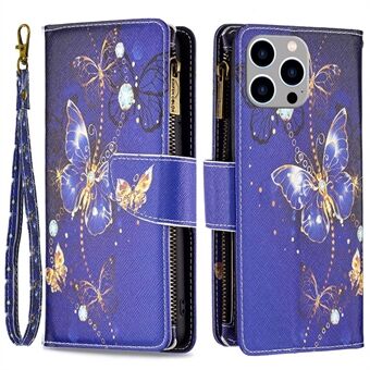 BF Pattern Printing Leather Series-4 Zipper Pocket Case for iPhone 14 Pro Max 6,7 tommer, 03 Style sammenleggbart Stand PU-skinnlommebok Magnetlukking Telefondeksel