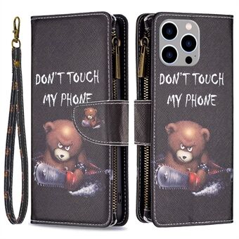 BF Pattern Printing Leather Series-4 Zipper Pocket Case for iPhone 14 Pro Max 6,7 tommer, 03 Style sammenleggbart Stand PU-skinnlommebok Magnetlukking Telefondeksel