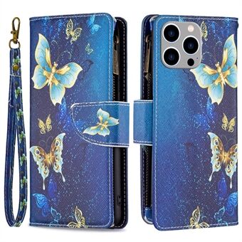 BF Pattern Printing Leather Series-4 Zipper Pocket Case for iPhone 14 Pro Max 6,7 tommer, 03 Style sammenleggbart Stand PU-skinnlommebok Magnetlukking Telefondeksel