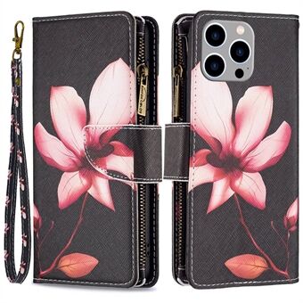 BF Pattern Printing Leather Series-4 Zipper Pocket Case for iPhone 14 Pro Max 6,7 tommer, 03 Style sammenleggbart Stand PU-skinnlommebok Magnetlukking Telefondeksel