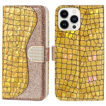 For iPhone 14 Pro Max 6,7 tommer Sparkly Glitter Spleising Dråpesikkert deksel Krokodilletekstur Stand Funksjon PU-skinn lommebokskall