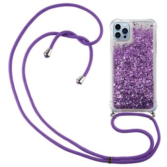 For iPhone 14 Pro Max 6,7 tommer Quicksand Glitterveske Myk TPU Hjørnepute Telefondeksel med justerbar snor