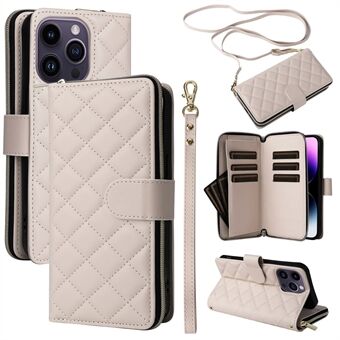 For iPhone 14 Pro Max-etuiet Rhombus Wallet Purse er laget av PU-lær og har skulderstropp.