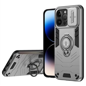 For iPhone 14 Pro Max etui med stativ, PC+TPU hybridtelefondeksel med skyvekameralinsebeskyttelse.