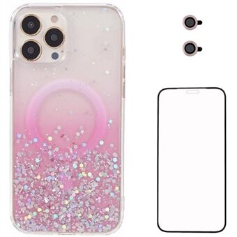 WANLONFENG JWT Series For iPhone 14 Pro Max Glitter Sequin TPU+Acrylic Magnetisk Telefondeksel med Skjermfilm + Linsefilm