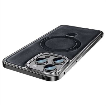 For 14 Pro Max Magnetisk Etui Ringstøtte PC Metallramme Ekte Kuskinndeksel