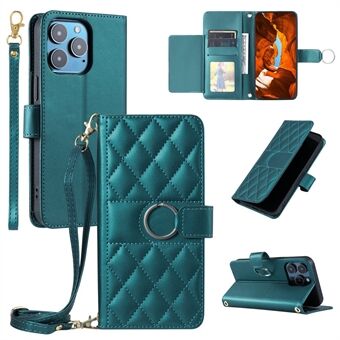 For iPhone 14 Pro Max Crossbody Lærveske Ring Spenne Lommebok Stativ Rhombus Mobildeksel