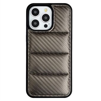 For iPhone 14 Pro Max Etui Karbonfiber Pufferjakke Skinn+TPU Støtsikker Telefondeksel