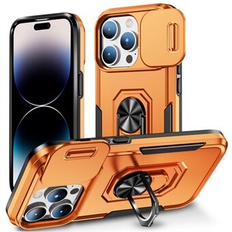 For iPhone 14 Pro Max Ring Kickstand Hard PC + mykt TPU-deksel Skyve kamerabeskytter Telefondeksel med bilmontert metallplate