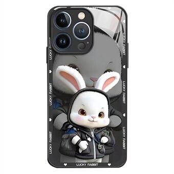 Bakdeksel til iPhone 14 Pro Max Cartoon Rabbit med ryggsekk herdet glass+TPU-telefonbeskyttelsesveske