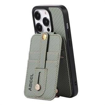 ABEEL Style 02 For iPhone 14 Pro Max Kickstand-deksel med RFID-blokkeringskortholder Karbonfibertekstur PU-skinn+TPU-telefonveske