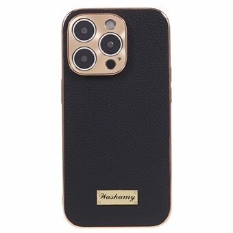 For iPhone 14 Pro Max Slim-Fit telefonskall ekte kuskinn+PC+TPU-veske Elektroplettering telefondeksel