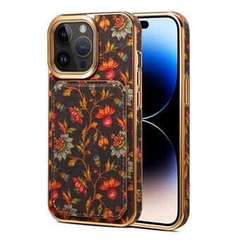 For iPhone 14 Pro Max blomstermønsterutskrift Bakdeksel PU-skinnbelagt PC+TPU-kortspor Stativ telefondeksel