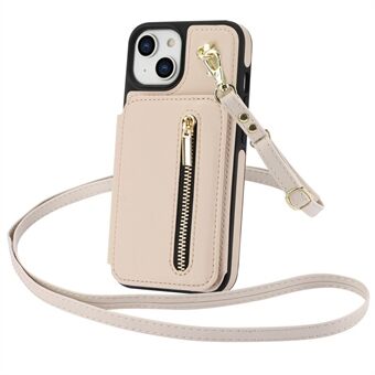 For iPhone 15-etui med glidelås i skinn + TPU-støttebein telefoncover med skulderreim