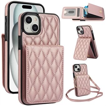 For iPhone 15 Etui i skinn+TPU med snor, lomme for kort og støtteben.