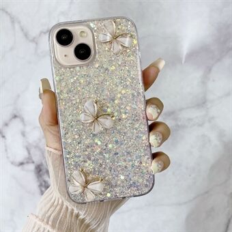 For iPhone 15 Etui Glitter Paljetter Epoxy TPU Telefon Deksel med 3D Sommerfugler