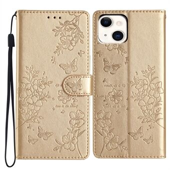 iPhone 15 Lommebokdeksel Butterfly Floral Avtrykk Skinn Telefondeksel med Stropp