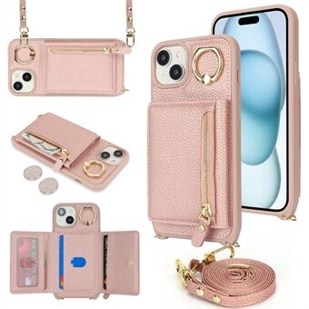 For iPhone 15-deksel PU-skinn + TPU-deksel med ring glidelåslomme kort holder