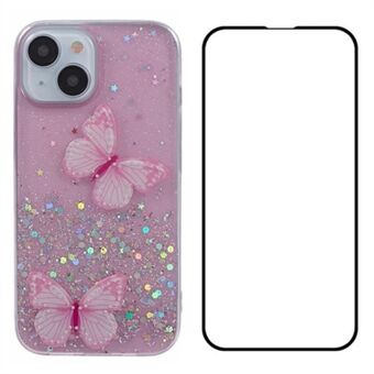 WANLONFENG AW-serien for iPhone 15 TPU-deksel PVC 3D sommerfugl-epoksy telefondeksel med HD-film