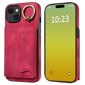 001 For iPhone 15 Etui med Kort Holder Ring PU Lærbelagt TPU Telefondeksel Hud-touch