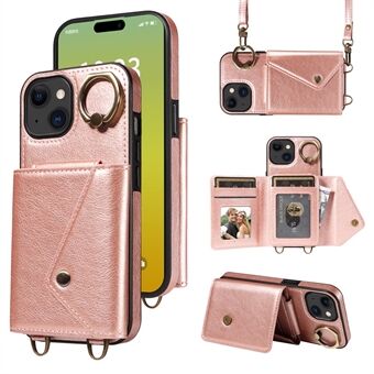 002 For iPhone 15 Etui med Roterende Ring Kort Holder PU Skinn Bakdeksel Kryssreim