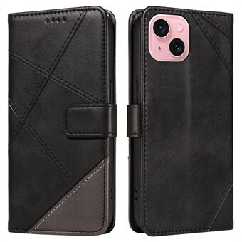 For iPhone 15 Etui PU Skinn Matt TPU Folio Lommebok Telefon Deksel Geometriske Linjer