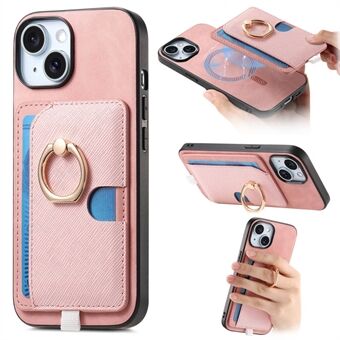 For iPhone 15 Etui Ringstativ Lær+TPU+PC Telefondeksel Avtakbar 2-i-1 Kortholder