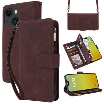 For iPhone 15 Etui Glidelåslomme Stativ Visning PU Skinn Crossbody Telefonveske