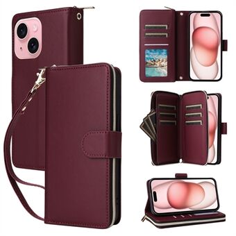 R20 For iPhone 15 Etui Glidelåslomme PU Skinn Deksel med 9 Kortplasser