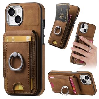 E6 For iPhone 15 Etui Hud-touch Tekstur Vertikal Flip Kortholder Ringholder Stativ Anti-fall Deksel