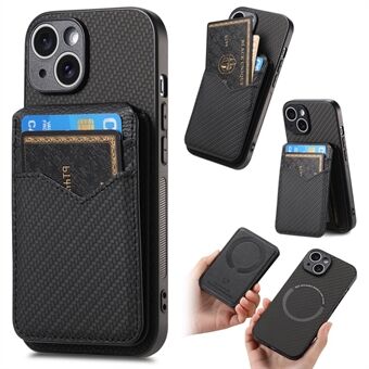 C1-14 For iPhone 15 Etui Karbonfibertekstur Vertikal Flip Kortholder Flerposisjonsbrakett Antifall Deksel