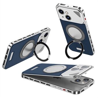 For iPhone 15 Deksel med magnetisk lukking bakplate + metallramme telefondeksel med stativ