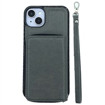 For iPhone 15 Etui Avtakbar Glidelåskortholder PU+TPU Stativ Telefondeksel med Stropp