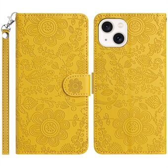 For iPhone 15 Etui med blomstertrykk i skinn, flip-lommebok dekselet med håndleddsstropp