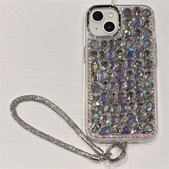 For iPhone 15-deksel med elektropletterte glassrhinestones PC+TPU telefondeksel med håndleddsrem