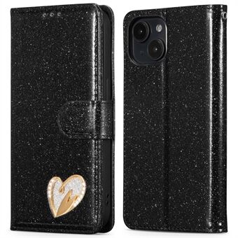 For iPhone 15 Glitter Lærveske med Diamant Kjærlighetshjerte Lommebok Stativ Flipdeksel