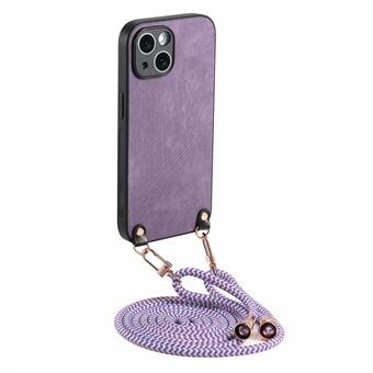 For iPhone 15-deksel Retro tekstur skinnbelagt PC+TPU telefondeksel med hengereim