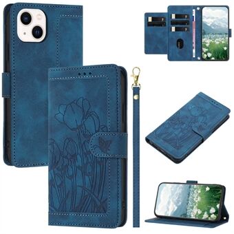 For iPhone 15 Etui Tulip Lær Telefondeksel med 5 Kortspor Lommebok