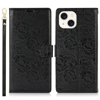 For iPhone 15-etui med håndstropp blomstertrykk lær lommebok telefondeksel