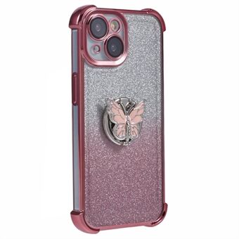 For iPhone 15 Etui Sommerfugl Støtte Glitter TPU Støtsikkert Telefondeksel