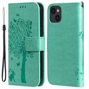 For iPhone 15 KT Flower Series-3 PU-lærtelefondeksel med inngravert blomst, lommebokflipcover.