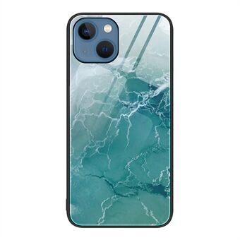 For iPhone 15 Marmor-mønstret telefonveske med herdet glass + PC + TPU ripesikker deksel.