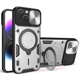 For iPhone 15 roterende stativ PC + TPU-deksel Skjermkameraskjold Ripesikker telefonveske